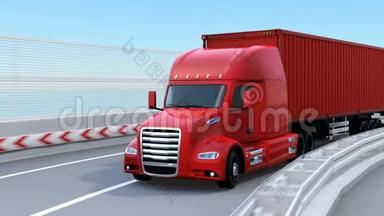 在高速公路上行驶的美国卡车动力金属红色燃料电池